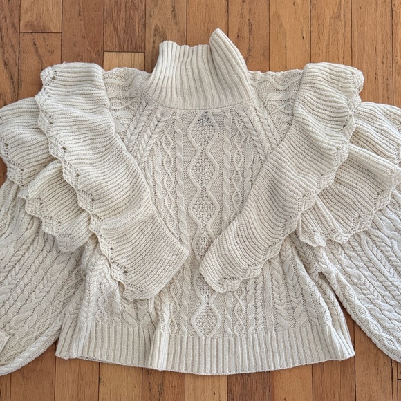 Davi & Dani | Ruffled Cable Knit Sweater | Cream | Balloon Sleeve | Turtleneck - Picture 4 of 5